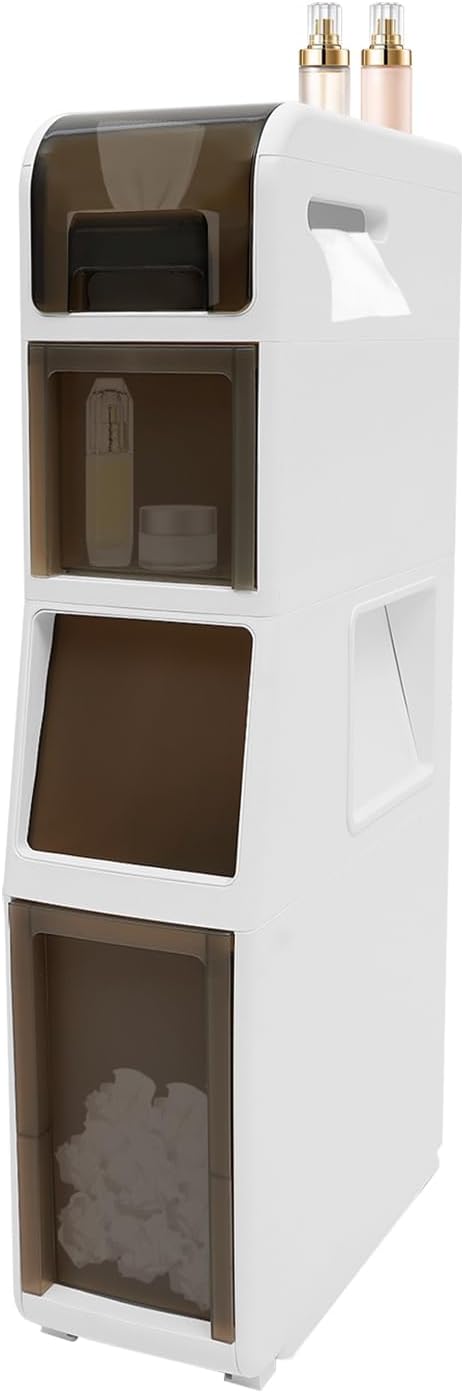 Slim Waterproof Narrow Bathroom Cabinet with Trash Bin Compact Design with Drawers and Toilet Paper Holder Movable Bathroom Organizers for Small Spaces (4Tier/31.5in H)