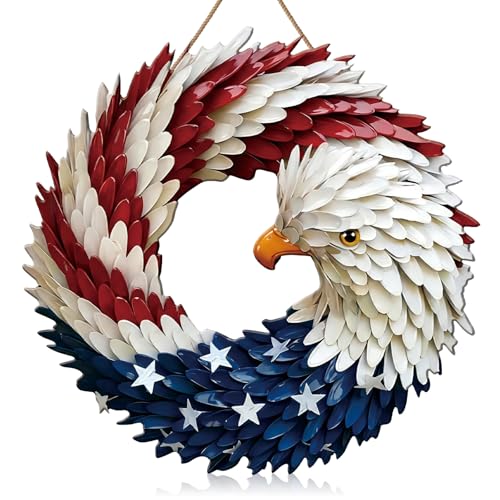 Marsui Flat Metal Eagle Wreath for Front Door 4th of July Decorations Patriotic Eagle Door Hanger Sign 2D Independence Day 250th Anniversary Decor Red White Blue American Hanging Sign for Wall Window