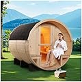 ZONEMEL Indoor and Outdoor Barrel Sauna Room with Porch, Asphalt Shingle Roof, Spruce Wood Steam Sauna with 6KW ETL TOULE Heater, Tempered Glass, Mostly for 6 to 8 People Sauna Bath