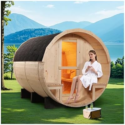 ZONEMEL Indoor and Outdoor Barrel Sauna Room with Porch, Asphalt Shingle Roof, Spruce Wood Steam Sauna with 6KW ETL TOULE Heater, Tempered Glass, Mostly for 6 to 8 People Sauna Bath