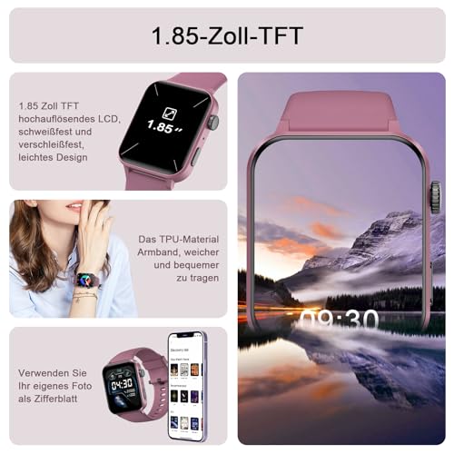 IOWODO Smartwatch Damen Herren 1,85 Zoll Uhren Fitnessuhr Sportuhr mit Schrittzähler Herzfrequenzmonitor Schlafmonitor Fitness Tracker Wasserdicht Lila Bluetooth Anrufe Smart Watch für iOS Android – Bild 6