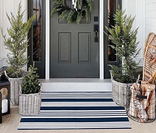 Blue And White Striped Rug 24'' X 51'' Outdoor Front Porch Rug Front Door Mat Hand-Woven Machine Washable Indoor/Outdoor Rug Layered Door Mats For Entryway/Laundry Room/Bedroom/Outdoor #TOP4