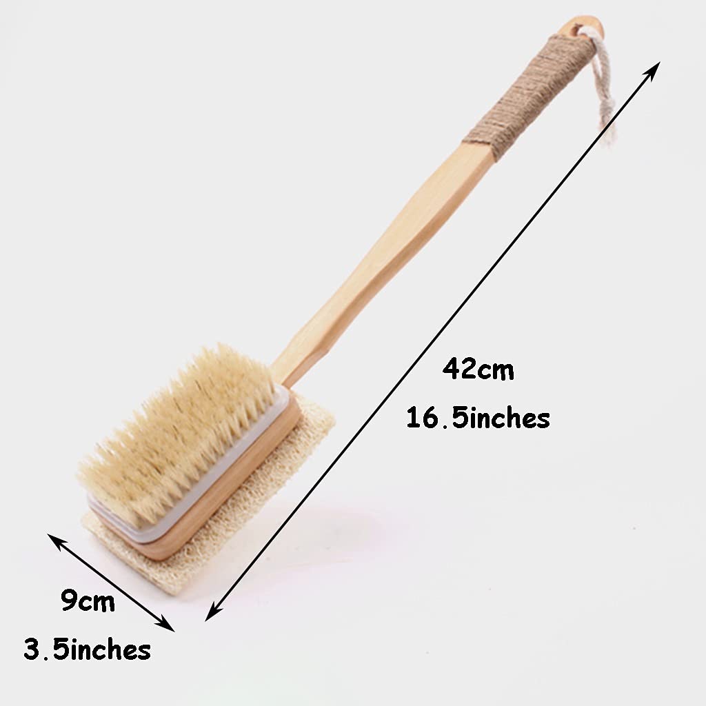Doppelseitige Körperbürsten mit natürlichen Borsten aus Haar und Luffa, Badebürste aus Holz, reinigt den Körper leicht, rutschfeste Hautbürste mit Bindfadengriff(42 * 9cm*2)