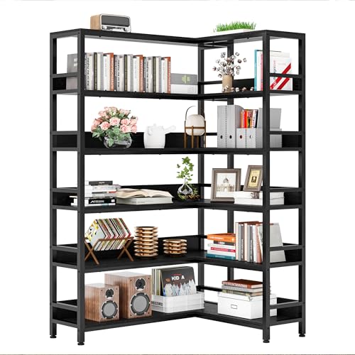 IRONCK Corner Bookshelf 6 Tiers, Industrial Corner Bookcase with Baffles Etagere, L Shaped Bookshelves with Metal Frame, Corner Shelf Storage Rack for Living Room Home Office