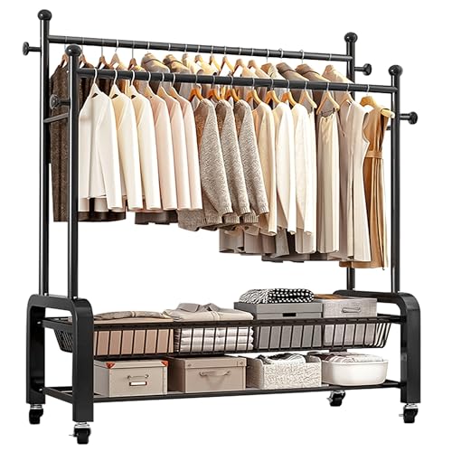 GLQ - Kleiderständer auf Rollen,kleiderstange rollen,kleiderständer stabil,kleiderständer mit rollen mit Doppelschichtige Lagerung mit zwei Kleiderstangen(Schwarz)