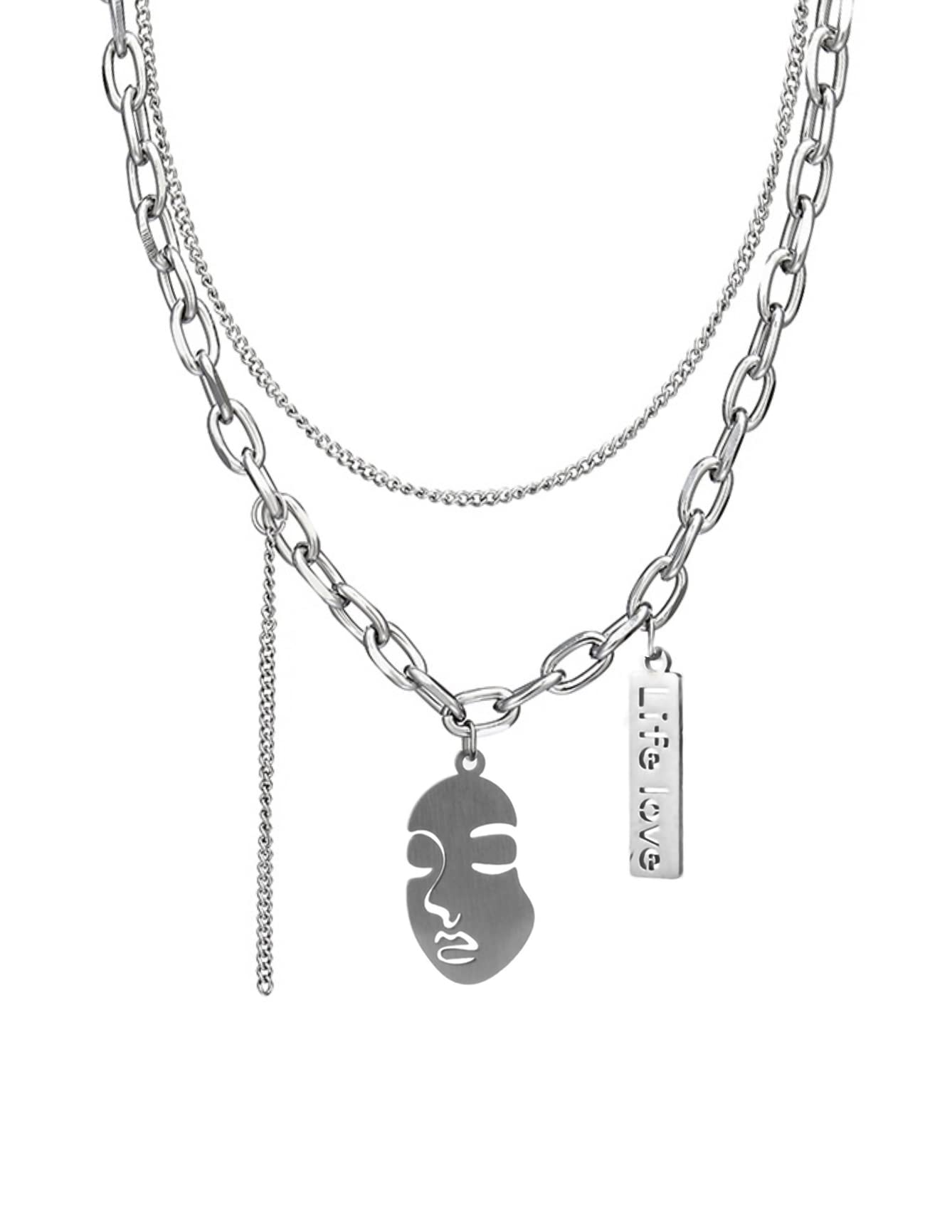 CoubombSimple Punk Layered Necklaces for Women, Adjustable Goth Necklace with Face-shaped Pendant Silver Cross Chain for Eboy Egirl