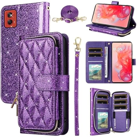 Furill Wallet Case for Motorola Moto G Stylus 5G 2024 with Detachable Wrist Strap Crossbody Shoulder Strap 9 Card Slots Zipper Purse Luxury PU Leather Stand Cell Phone Cover for G5 Girls Women Purple Cover