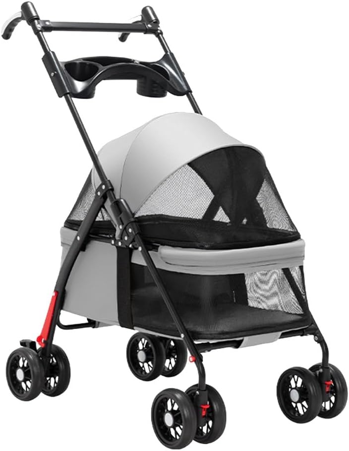 Pet Stroller Pushchair Dog Cat Travel Pram Carriage Foldable Cart Carrier, Pet Cat Dog Stroller with Cup Holder Tray, Pet Dog Strollers for Small Dogs, Adjustable Handle (Gray A)