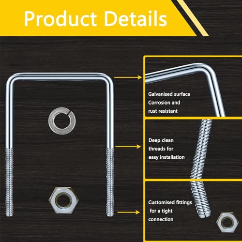 Image of 4in W x 6.7in L Zinc-Plated U-Bolts with Nuts 6pcs and Spring Washers 12pcs for Boat Trailer Tubes 12pcs, Rectangular Wood and Metal Objects, Square Zinc-Plated Bolts (M10 x 100mm x 170mm)