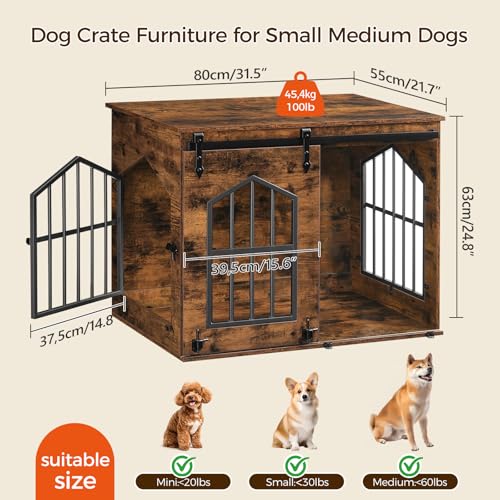 MAHANCRIS Dog Crate Furniture, 31.5" Farmhouse Dog Kennel with Sliding Barn Door, Wooden Dog Cage for Small Medium Dogs, Decorative Pet House Side End Table, Chew-Resistant, Rustic Brown DCHR9601 - Image 4