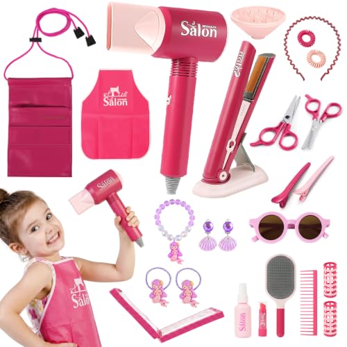 26PCS Hair Salon Toys for Girls Pretend Hair Styling Set for Kids 3-5 4-6 Role Play Dress Up Beauty Kit for Girls 5-7 6-8 with Sound and Lights Birthday Gifts for Toddler Girls 3 4 5 6+