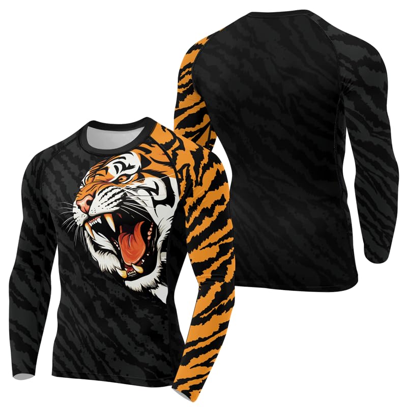 Tiger Men’s Rash Guard Compression Long Sleeve Baselayer Athletic Fight Wear Shirt Jiu Jitsu MMA BJJ Training