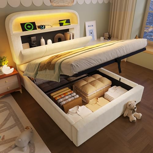 LAKFEW Camas Juveniles Cama 90x200 cm con USB y LED, Cama Individual Cama 90 con Almacenaje Hidráulico y Cabecero Ajustable con Almacenaje, Camas Individuales, Terciopelo, Beige, Sin Colchon
