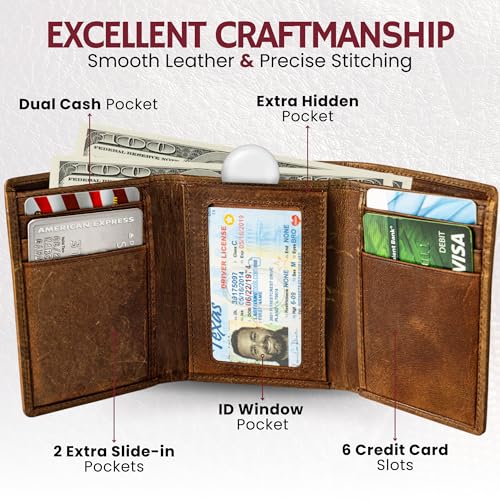 Image of BULL GUARD RFID Genuine Leather Trifold Wallets for Men ID Window, Secret Pocket, Eagle Brown - Wilderness Eagle Stream, 3.25 x 4.25 x 0.75 inches, Trifold Wallet