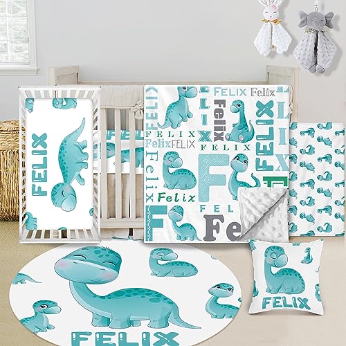 Custom Baby Crib Bedding Set - 5 Piece Nursery Crib Set Dinosaurs Design - Personalized Name Blanket with Dotted Backing, Crib Sheet, Changing Pad Cover, Pillow Cover, Rug for Newborns Color03