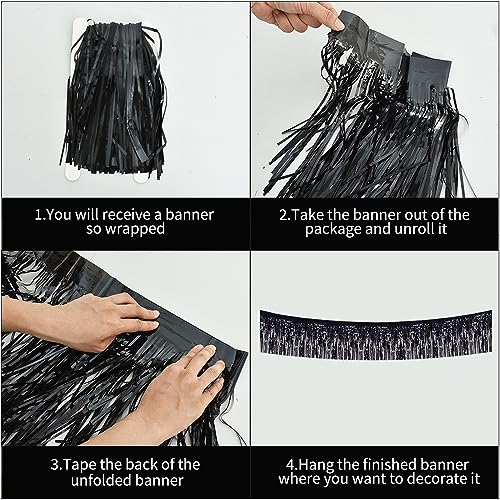 Image of BEISHIDA 3 Packs Metallic Foil Fringe Garland Black Wall Hanging Tinsel Fringe Banners for Car Floats Halloween Bridal Shower Wedding Birthday Easter Graduation Holiday Party Decoration(30 Feet)