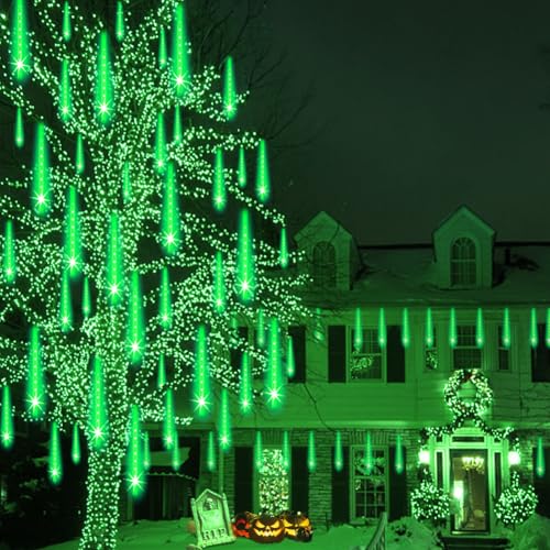 Weepong Halloween Lights Outdoor, Meteor Shower Christmas Lights for Halloween Decorations, 8 Tube 192 LED Snow Falling Rain Icicle String Light for Xmas Christmas Decor Tree Party, UL Plug Green - image 2