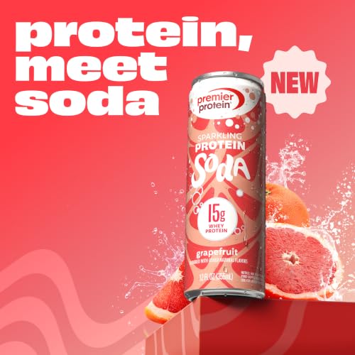 Image of Premier Protein Sparkling Protein Soda, Grapefruit, 15g Whey, 12 Pack | Soft Drink with Benefits, 5 Ingredients, No Artificial Colors or Flavors, 3g Sugar, 12 oz
