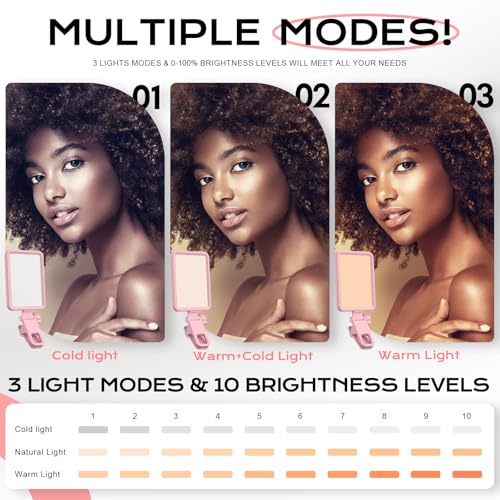 Datarm Wiederaufladbares Videolicht mit Clip für Telefon, Kamera, Laptop, 4-14H tragbares LED Licht für Handy, 3 Lichtmodi, Selfie Licht für Selfie, Vlog, TikTok, Make up, Videokonferenz, Rosa