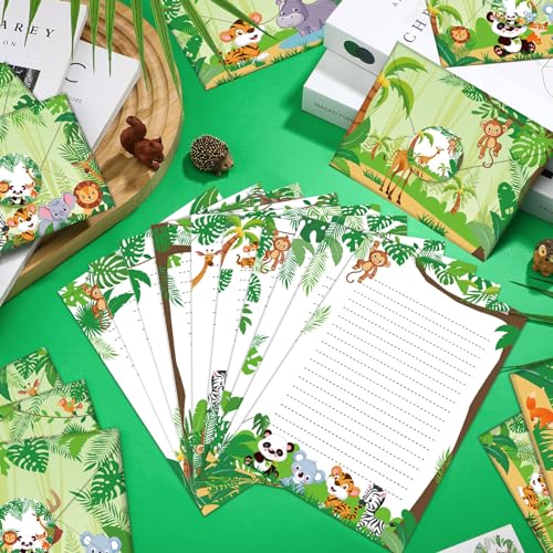 Image of TaoBary 160 Pcs Safari Animal Stationery Paper and Envelopes Set 50 Double Sided Lined Stationery Paper with 50 Matching Envelopes and 60 Round Dot Sticker 5.5 x 8.25'' Letter Writing Kit, 10design
