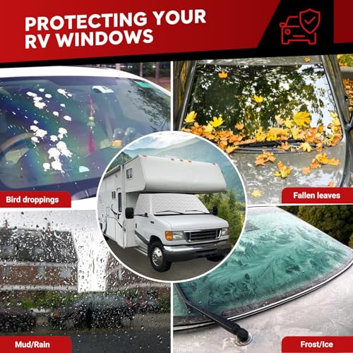 BOYISEN RV Windshield Sunshade Cover, RV Front Window Cover Compatible with Class C Ford 1997-2025 Motorhome, UV Protection & Privacy Shield, RV Windshield Shade 4 Layers with Mirror Cutouts