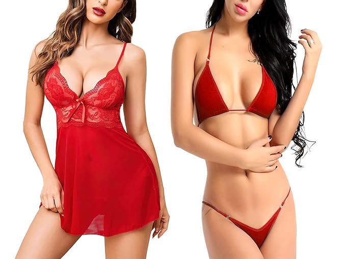 LOURYN KOULYN® Women Babydoll Lingerie Set for Honeymoon for Woman Thongs | Night Dress Above Knee Baby Doll Night Dress | Transparent Hot