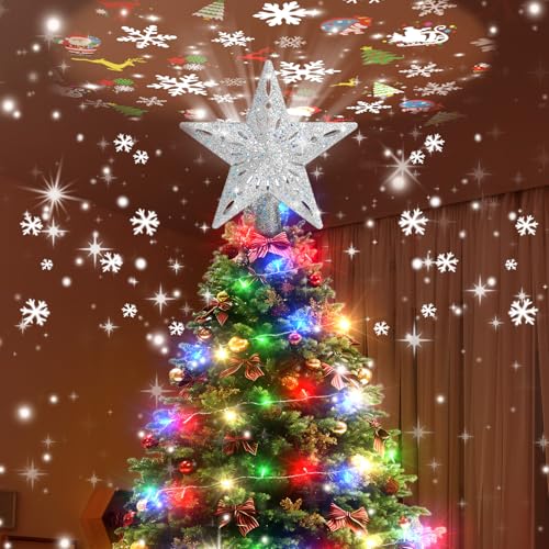 Christmas Tree Topper Lighted with 10M Colorful String Lights, Keten Silver Star Tree Toppers Decoration with 3D Rotating Pattern Projector, Tree Top for Indoor Outdoor Xmas Party Holiday (Silver) by Keten - Used condition - US$10.61
