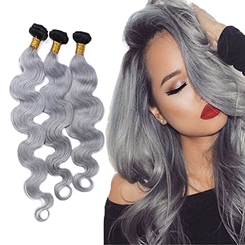 WunnSvm 1b/Grey Ombre Bundles Silver Human Hair Body Wave Hair Bundles Ombre Silver Grey Human Hair 3 Bundles Color #1b/Grey 100% Unprocessed Human Hair Weave Extensions(10 12 14)Inch
