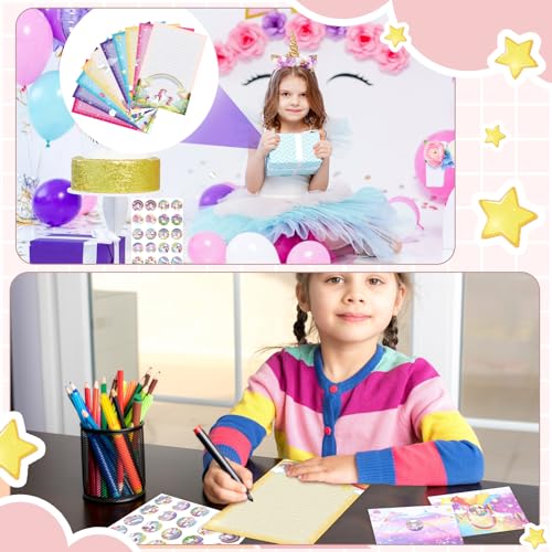 Image of TaoBary 160 Pcs Unicorn Theme Stationery Paper and Envelopes Set 50 Double Sided Lined Stationery Paper with 50 Matching Envelopes and 60 Round Dot Sticker 5.5 x 8.25'' Letter Writing Kit, 10design