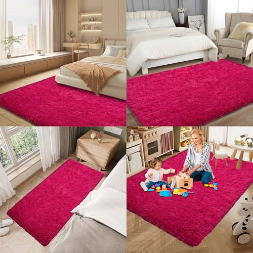 Tapis salon shaggy rose rouge tapis à poils longs douillets - 8