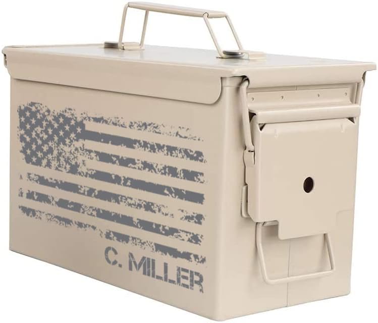 Daylor Tan Custom Engraved Ammo Box Metal Ammunition Case Steel Storage Can Personalized American Flag (30 Caliber)