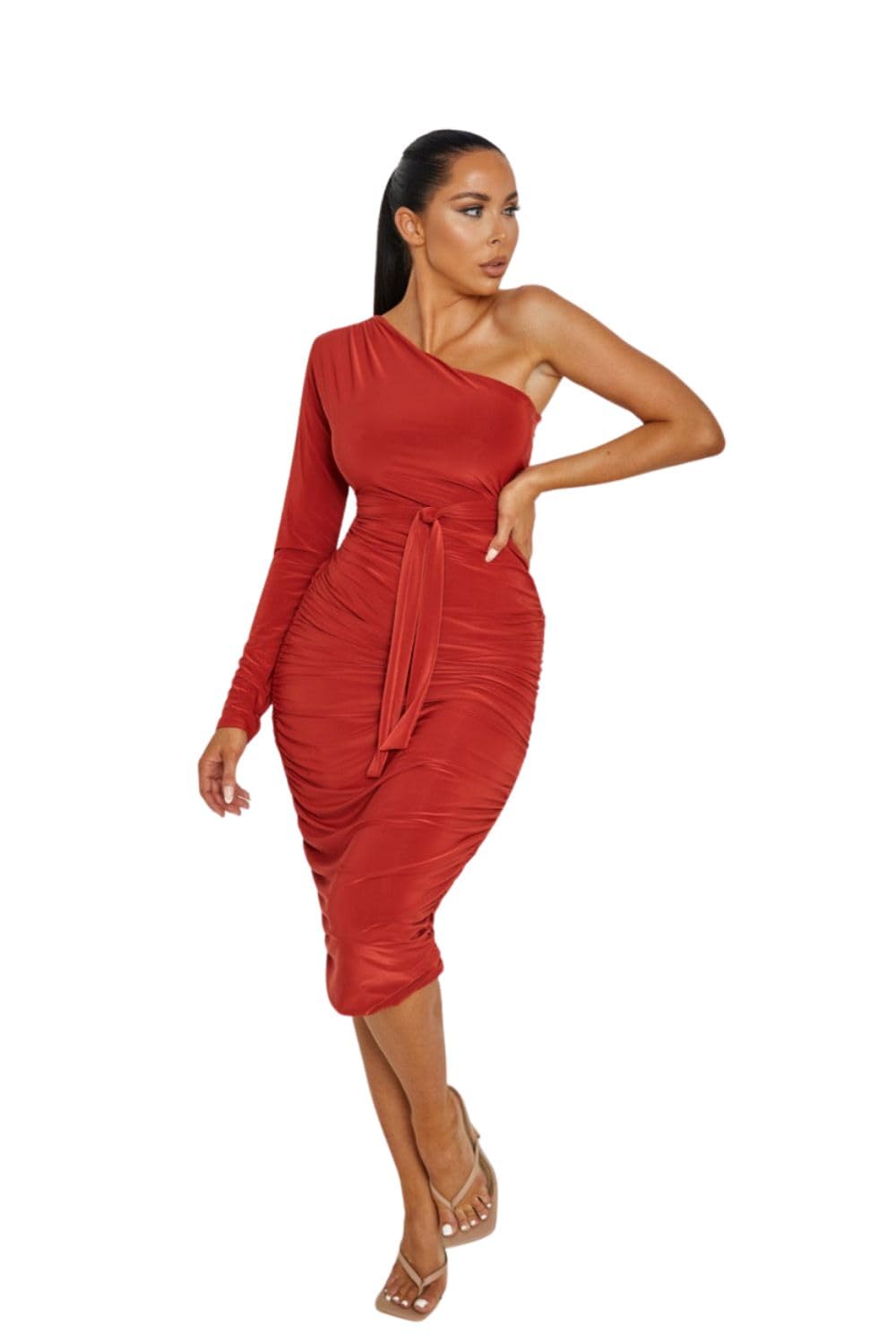 Femme Luxe One Shoulder Ruched Slinky Midi Dress - Savannah - Rust - 10