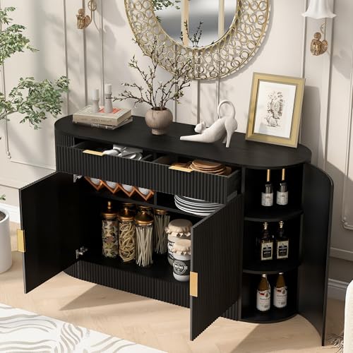 Merax Modern Storage Cabinet with Curved Doors, Minimalist Stripe Design