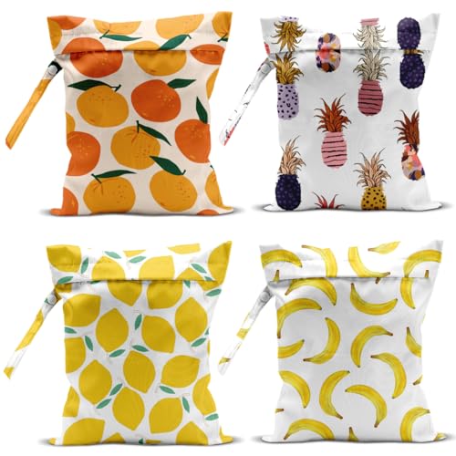 Image of zcyxuuw 4Pcs Waterproof Wet Bag for Swimsuit, Travel Beach Wet Dry Bag, Hidden Zipper Reusable Lemon Pineapple Banana Orange Decor, for Travel Beach Wet Swimsuits Toiletries Diapers Laundry Bag