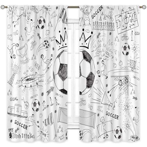 Cinbloo Soccer Sport Boys Curtains 42Wx63H Inch Rod Pocket Football Black White Graffiti Funny Sketch Unique Cool Art Printed for Kids Teens Living Room Bedroom Window Drapes Treatment Fabric 2 Panels