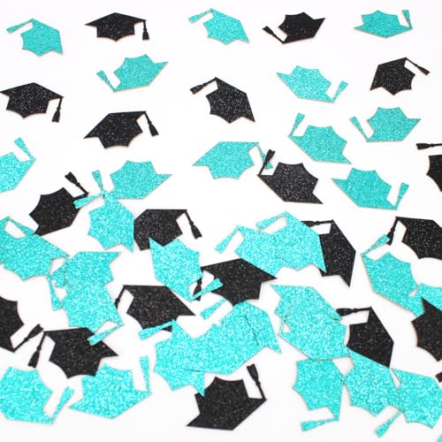 Image of 200PC Black Teal Grad Cap Graduation Confetti for Table Glitter Graduation Hat Table Scatter for Class of 2026 Grad Party Decorations