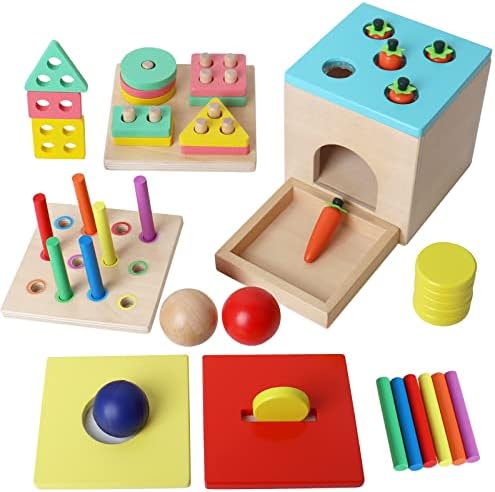 BESTAMTOY Wooden Montessori Toy for 1+ Year Old, Shape Sorter,Object Permanence Box, Coin Box, Carrot Harvest, Toddler Learning Toy for Kid Age 1, 2, 3 Year Old, Girl boy Gift for Baby 6-12 Month
