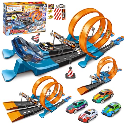 PATEMZON 3 In 1 Modus Autorennbahn mit 4 Spielzeugautos, 40+PCS Auto Rennbahn mit Looping&U Track, Rennstrecke Auto Spielzeug Flexibel mit 360&deg; Drehung, Rennbahnset Geschenke f&uuml;r Kinder ab 3+Jahre (B)
