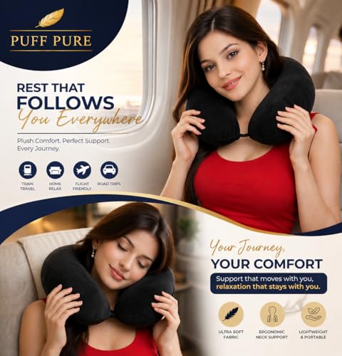 Image of Ultra Soft Travel Neck Pillow with Hanging Loop Snap Button Closure for Home Office and Airplane Flight, Bus, Car, Train Travelling Use [Black] (Pack of 2)