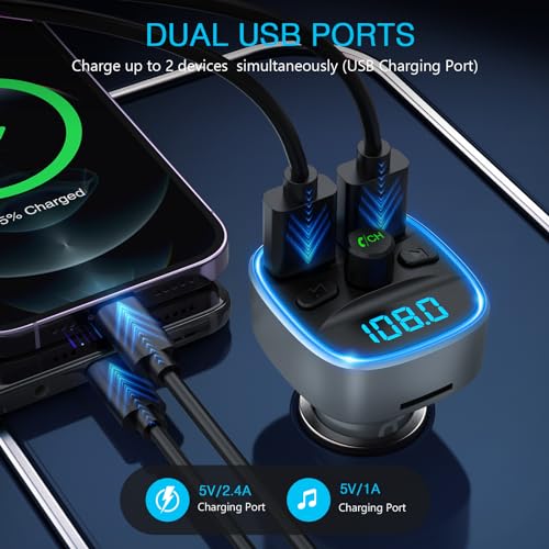 ORIA Bluetooth 5.3 Car Adapter, Radio Receiver Audio FM Transmitter, Universal Car Charger for 12V/24V Cigarette Lighter, Music Player Supports TF Card & USB Disk - Image 2