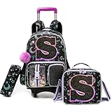 HTgroce Cute Rolling Backpack with Wheel,School Backpack for Kids Girl Roller Schoolbag Wheeled Backpacks Set Carry-on Luggage,Black S