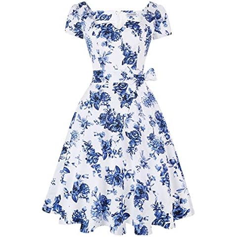 Girstunm Women's Classic Tea Dress Short Sleeve Swing Cocktail Party Dresses with Pockets White-Porcelain 2XL Cover