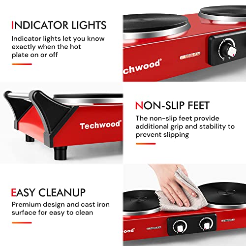 Hot Plate, Techwood 1800W Portable Electric Stove for Cooking Countertop Dual Burner with Adjustable Temperature & Stay Cool Handles, 7.5” Cooktop for Home/RV/Camp, Compatible for All Cookware, Red by Techwood - Image 7