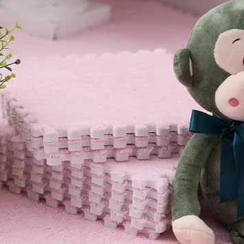 20pcs Plush Puzzle Foam Floor Mats, 11.8x11.8in Soft Interlocking Carpet Tiles,Anti-Slip Puzzle Area Rug Playmat for Room,Pink