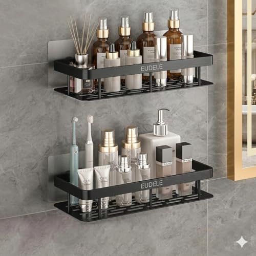 Image of EUDELE Aluminium Pack of 2, Self Adhesive Bathroom Shelf for Wall Shelf Organizer Wall Mounted Bathroom Shelves Rack Holder Stand for Bathroom Accessories Organiser Without Drill Black