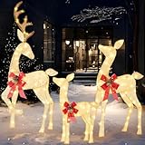 JOYIN 3 Pcs Lighted Christmas Deer Family Set, Outdoor Christmas Decorations for Yard, 3 4 5FT Warm White LED Lights Xmas Yard Decor, 2D Reindeer with Ground Stakes for Lawn Garden Porch Holiday