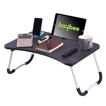 BAYBEE Smart Multi-Purpose Wooden Laptop Table and Cup Holder Study Table, Bed Table,Foldable,Gaming Table,Ergonomic & Rounded Edges Non-Slip Legs