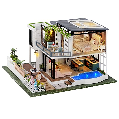 Image of TuKIIE DIY Miniature Dollhouse Kit with Furniture, 1:24 Scale Large Garden Villa Wooden Doll House Accessories Plus Dust Proof & Music Movement for Kids Teens Adults(West Creek House)