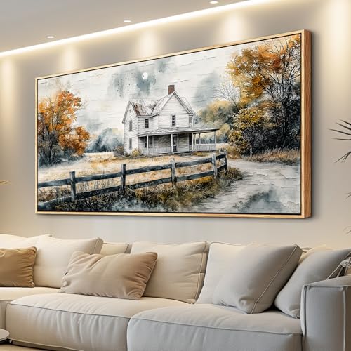 QIYILEXWART Wood Framed Canvas Wall Art For Living Room Large Wall Decor For Office Bedroom Decoration Farmhouse Watercolour Pictures White Hut Painting Artworks Room Ready To Hang