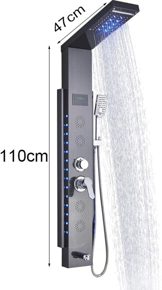 Shower Panel System with LED Digital Display, Luxury Stainless Steel Shower Panel Tower with Rain Shower Head, Handheld Sprayer, Massage Body Jets, Tub Spout, Easy to Install,Black